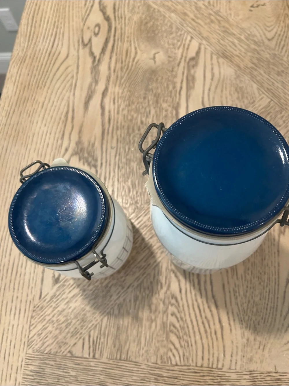 Vintage Wheaton Milk glass Tea & Sugar Canister Set in White with Blue Lids